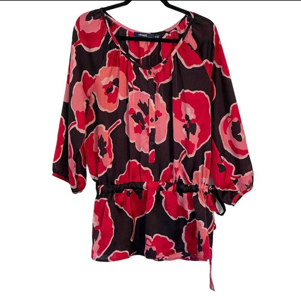 Eloquii Floral Button Front Blouse Tie Side Black Pink Sz 14W